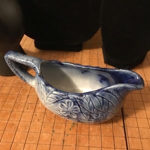 Vintage Creamer Stamped ENGLAND Blue White Glazed Embossed Floral Small Pitcher